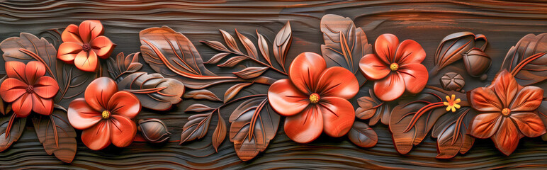 Primed wood sculpture background carving of hibiscus flower - Baseboard rustic home decor art craft element - obrazy, fototapety, plakaty