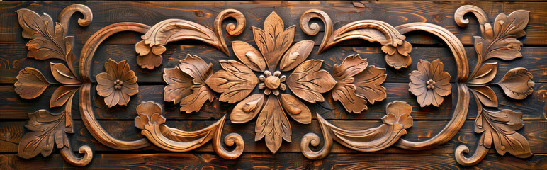 Stylized baseboard rosette flower themed wood carving background frame - obrazy, fototapety, plakaty