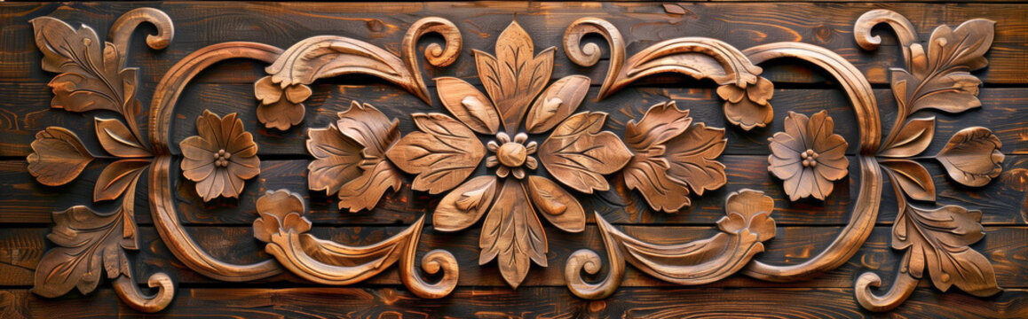 Stylized baseboard rosette flower themed wood carving background frame
