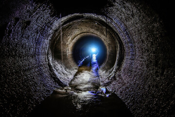 Dirty sewage flowing in round underground sewer tunnel - obrazy, fototapety, plakaty