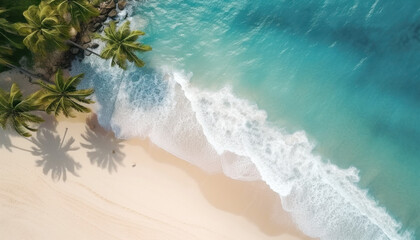 Aerial top view on sand beach, palm tree and ocean, drone photo of a beach, aerial shot