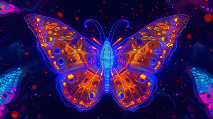 neon glowing fantasy butterfly at dark background. colorful uv insect wallpaper - obrazy, fototapety, plakaty