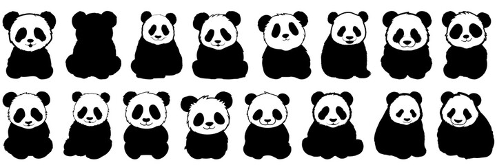 Panda silhouettes set, large pack of vector silhouette design, isolated white background