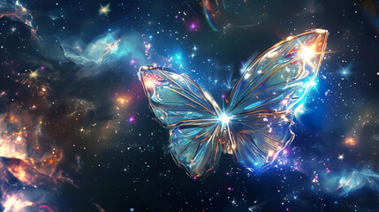 neon glowing fantasy butterfly at dark background. colorful uv insect wallpaper
