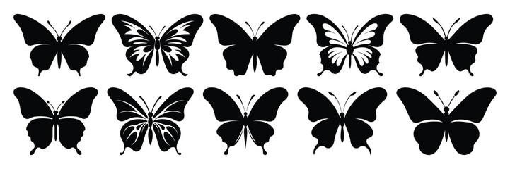 Butterfly silhouettes set, large pack of vector silhouette design, isolated white background