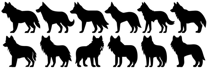 Wolf silhouettes set, large pack of vector silhouette design, isolated white background