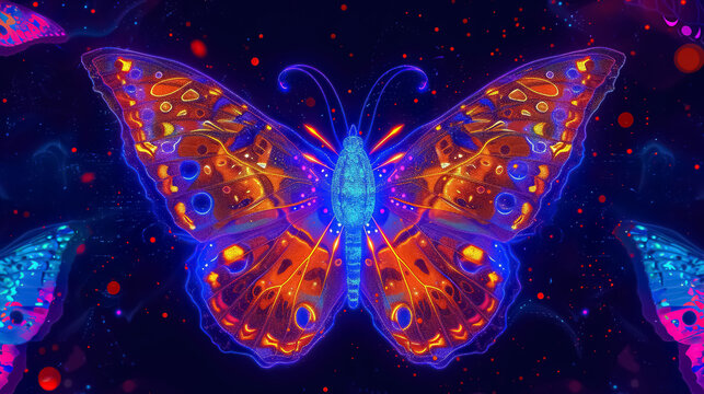 Neon Glowing Fantasy Butterfly At Dark Background. Colorful Uv Insect Wallpaper