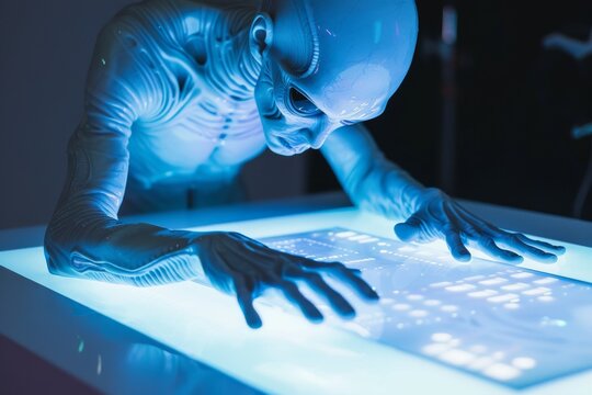 Blue illuminated alien operating a digital interface.
