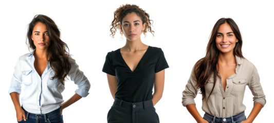 Collage of three young Latin American woman wearing casual clothes over white transparent background
