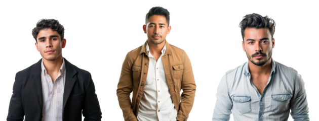 Three young Latin American man portraits over isolated transparent background