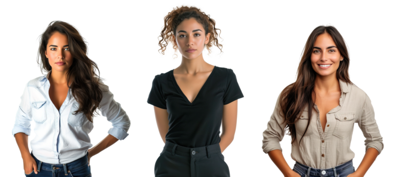 Collage of three young Latin American woman wearing casual clothes over white transparent background