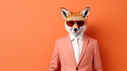 Anthropomorphic fox in business suit working in corporate setting, studio shot with copy space