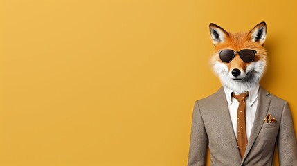 Friendly fox in business suit pretending to work in corporate office, studio shot on plain wall - obrazy, fototapety, plakaty
