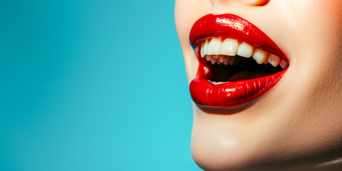 Obraz premium Red lips woman smiling with white teeth, dental care, dental health concept, copy space