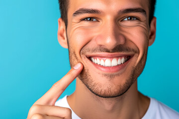 Close up of man smiling showing and finger pointing teeth and mouth, dental health concept, on blue background
