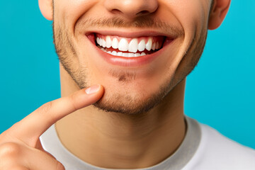 Close up of man smiling showing and finger pointing teeth and mouth, dental health concept