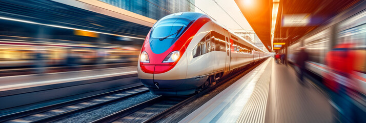 Modern passenger train in motion on railway tracks amidst nature, transportation concept, panorama