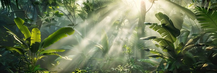 Sunlight falling onto a beautiful green jungle landscape in the morning. © Simon