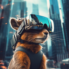Cute Squirrel with VR glasses in sci fi city - obrazy, fototapety, plakaty