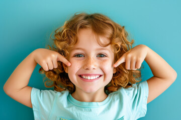 Close up portrait of kid point the finger her teeth, attractive lovely healthy girl isolated on blue background, Dental concept