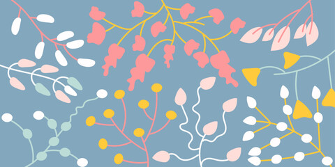 Spring background with multicolored branches and leaves. Colorful vector illustration done in blue, yellow, red, pink colors. For cards, banners, wallpaper, textile, wrapping. Editable stroke