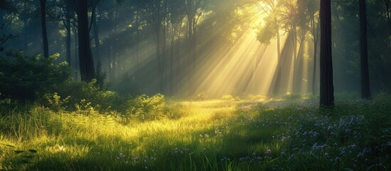 The sun shines through the dense forest, casting beautiful rays of light on the trees.
