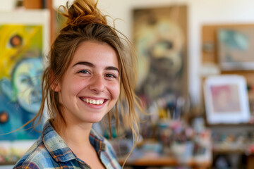 Portrait of happy artist woman, looking at camera, smiling, laughing, abstract modern art concept