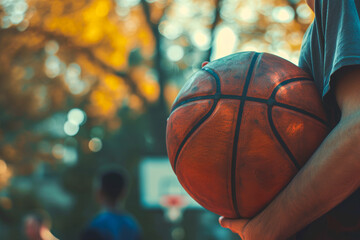 A basketball player holding a ball, college boys with basketball, basketball training session for...