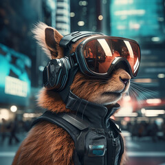 Squirrel in a futuristic city with VR glasses