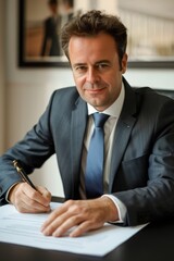 A businessman wearing suit is sitting at the table and signing the contract