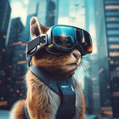 Squirrel in a futuristic city with VR glasses