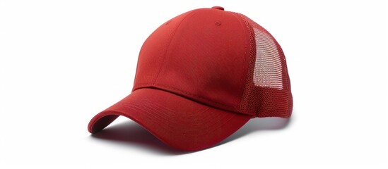 Stylish red trucker hat with mesh back, perfect accessory for outdoor activities and sports - obrazy, fototapety, plakaty