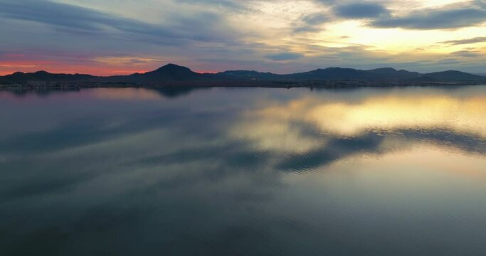 Seascape at sunset over Mar Menor sea. La Manga, Spain