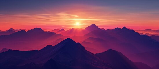 A stunning sunset over the mountain range with the sun shining through the clouds, creating a...