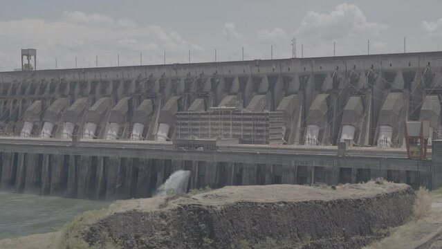 Itaipu Binacional Hydroelectric Power Plant - view from the central viewpoint, middle plan of the production building. Sony S-log3 4k 30fps