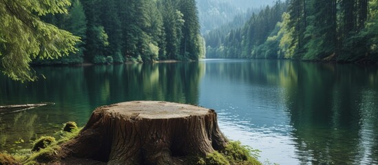 Beautiful tranquil landscape of a tree stump in the water near a serene lake