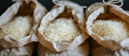 Three bags of rice, a staple food ingredient in many cuisines, are sitting next to each other on a table