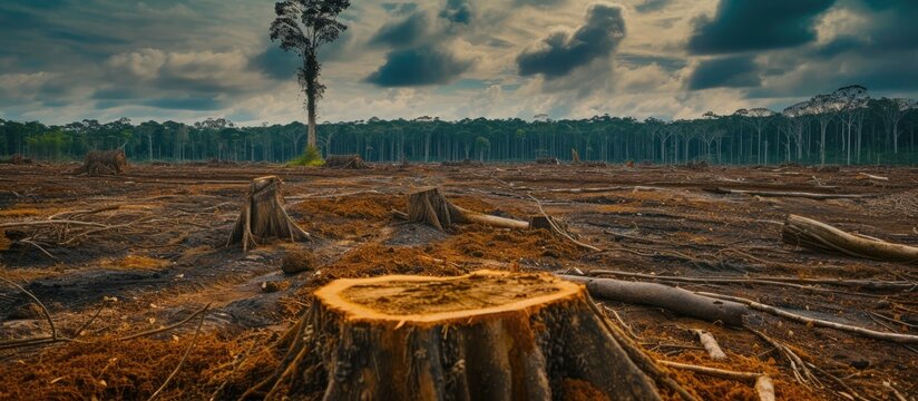 A stark image showcasing the dire consequences of deforestation with tree stumps and scattered debris under a cloudy sky signaling environmental distress.