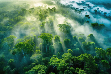 Amazon Aerial Symphony: A Mesmerizing View Over the Vast Amazon Rainforest, Unveiling the Rich Biodiversity of Brazil, Peru, Colombia, and Other Amazonia Countries - obrazy, fototapety, plakaty