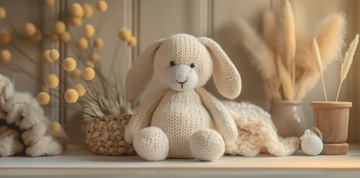 Stoffhase zwischen flauschigen Kissen, Decken, Gestrickter Hase sitzt im Regal, Konzept Kindheit