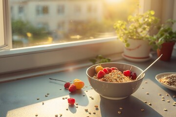 Gesundes Müsli am Morgen, Haferflocken mit Obst in der Küche, Konzept gesunde Ernährung, gesundes Frühstück
