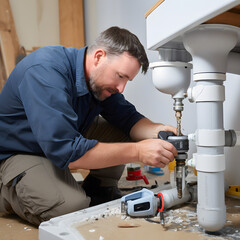 Man Repairing Kitchen Sink Under Natural Light