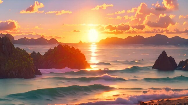 Tropical ocean beach and beautiful color sunrise or sunset over sea shore in anime style