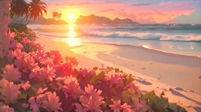 Tropical ocean beach with pink flovers and beautiful color sunrise or sunset over sea shore in anime style