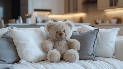 Cozy teddy bear sitting on soft sofa surrounded by knitted cushions in homely interior - obrazy, fototapety, plakaty