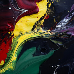 A green, yellow, red and gray painting on a black background, in the style of dark violet and dark gray, hard edge painting, close-up, poured, intense color fields, 1:1.