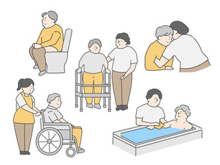 介護施設　介護現場　イラストセット（入浴　移乗　排泄）