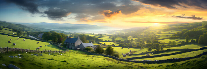 Idyllic British Countryside: A Serene Tapestry of Quaint Rural Life Edged by Luxuriant Greenery and Jewel-blue Streams