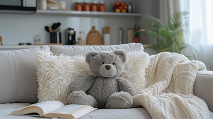 Cozy teddy bear sitting on soft sofa surrounded by knitted cushions in homely interior - obrazy, fototapety, plakaty