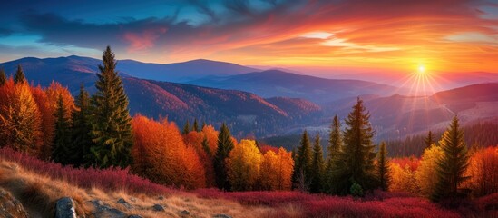 A stunning painting capturing the captivating autumn sunset over the majestic Beskidy Mountains.